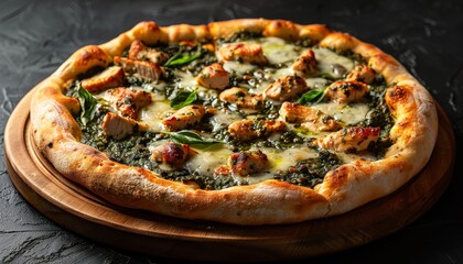 A delicious chicken pesto pizza on a wooden board with a dark background.