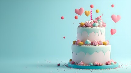 Two tier pastel cake with dripping icing, hearts, and sprinkles on a blue background