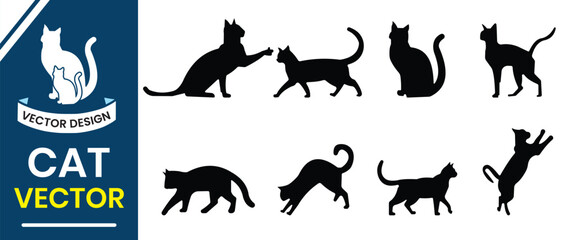 Cat silhouettes, vector icon set. Collection of cat silhouette in different poses. Hand drawn black cat vector. Vector illustration.