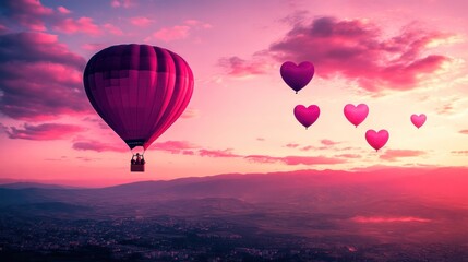 Fototapeta premium Hot air balloon floating in a pink sunset sky surrounded by heart shapes celebrating Valentine Day