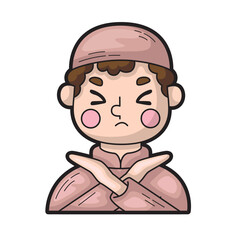 Displeased boy gestures refusal. Great for illustrating disappointment, rejection, negative reactions in educational, parenting, or commercial themes