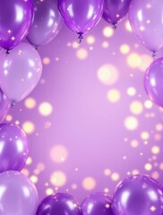Photorealistic birthday scene, purple balloons floating in the background, soft blurred lighting and glitter effects, paper banner with empty space for text, vibrant festive atmosphere