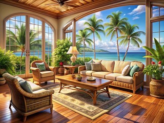 Fototapeta premium Serene Tropical Living Room: Rattan Furniture, Ocean View, Palm Trees