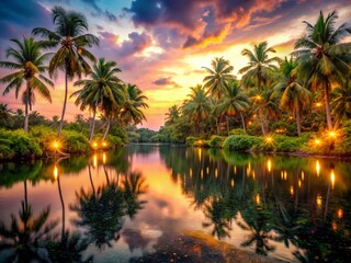 Obraz premium Serene Twilight Lagoon: Coconut Trees & Bokeh, Tropical Island Paradise
