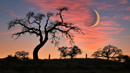 Stargazers admiring crescent moon serene landscape scenic photography twilight silhouetted figures