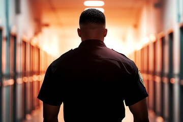 A correctional officer patrolling a high-security prison block, representing law enforcement in a correctional facility