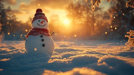 Obraz premium Snowman sunset winter wonderland scene.
