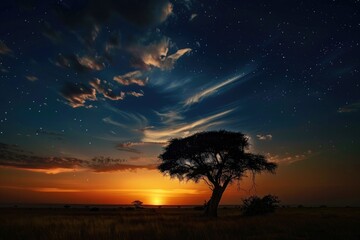 A lone tree silhouetted against a fiery African sunset with a starry night sky.