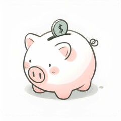 Digital illustration of a cute piggy bank with a coin on a white background