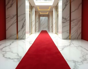 Red carpet over a white marble luxury floor, premium corridor, suxcess, business, richness, rich, popularity, business, lifestile, gold, red velvet carpet, white marble walls and column, golden decora