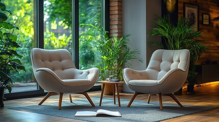 Fototapeta premium Therapy room with two chairs facing each other, table with notebook and glass, in a modern design