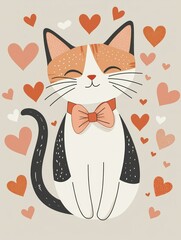 Cute Cat Illustration with Hearts and Bow Tie in Soft Colors