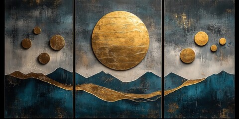 Three-Panel Abstract Landscape Art with Gold Accents