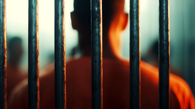 Close-up of prison bars with blurred inmates in the background, symbolizing imprisonment and the physical barriers of a facility