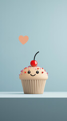 adorable cartoon cupcake with heart sprinkles and cherry on top, radiating joy and sweetness