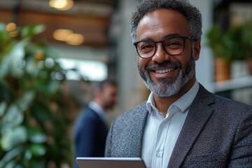 Confident businessman smiles while holding a tablet in a modern office setting with greenery