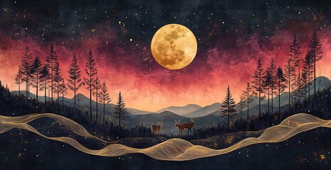 Majestic Forest Scene Under a Golden Moon