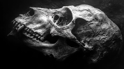 Fototapeta premium Ancient Skull on a Black Background. Generative AI