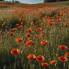 Fototapeta premium A vibrant meadow filled with poppies swaying in the breeze.