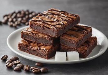 Delicious and Rich Chocolate Brownies with Drizzle on White Plate Surrounded by Coffee Beans and Sugar Cubes, Perfect for Dessert Lovers and Coffee Pairings