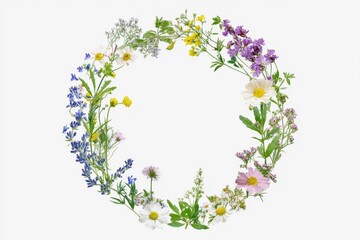 Fototapeta premium Colorful floral wreath composed of various wildflowers in a circular arrangement reflecting the beauty of nature