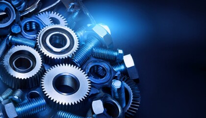 大きな歯車とネジ、メカニカルな雰囲気、青い光のアクセント、スタイリッシュな背景画像 Generated by AI