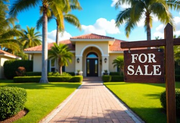 Obraz premium Dreamy Suburban Escape: Luxurious Home for Sale with Palm-Tree Paradise and Elegant Architecture in a Tranquil Neighborhood Setting