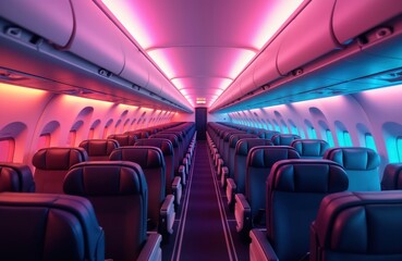 Airplane cabin interior with rows of modern, comfortable seats. Stylish premium seating offers calm, relaxing atmosphere. Passenger seats feature elegant design. Vibrant pink, blue lighting creates