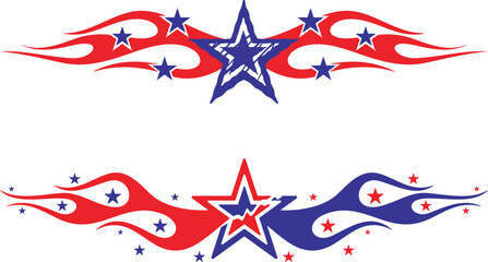 Vector Flames and Stars vehicle decal designs in American-inspired style. Ready-to-cut graphics, great for car and sport vehicle wraps, celebration and holiday designs in national colors.