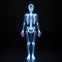 Digital full body scan displays human skeleton. Futuristic medical tech image shows anatomy. AI medical screening shows bones. Transparent image. Digital health concept. Medical illustration.
