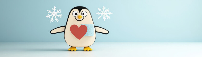 Cheerful penguin holding heart shaped ice block with snowflakes