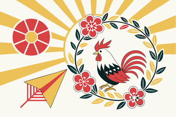 Colorful Japanese New Year decoration, vibrant floral wreath, stylized rooster, geometric sun rays, red and gold accents, pink circular motif, traditional Japanese stamp, festive origami elements, abs
