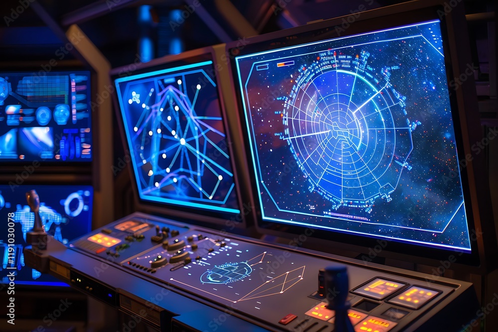 Fototapete a scifi control panel with two large displays showing network and radar data. numerous smaller displ