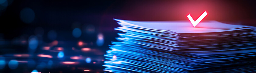 Stack of documents with glowing check mark symbolizing approval in office setting.