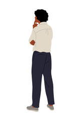 Young business man standing rear view. Handsome male character in smart casual office outfit turned back. Vector flat illustration isolated
