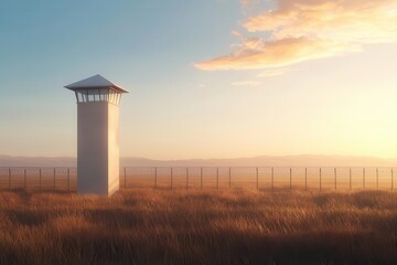 Prison watchtower overlooking an expansive yard, illustrating the surveillance and security in a large jail facility
