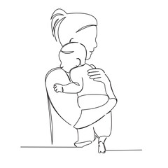 One continuous single drawing line art flat doodle white background, happy, mom, love, woman,  child. Isolated image hand draw contour on a white background
