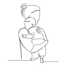 One continuous single drawing line art flat doodle white background, happy, mom, love, woman,  child. Isolated image hand draw contour on a white background
