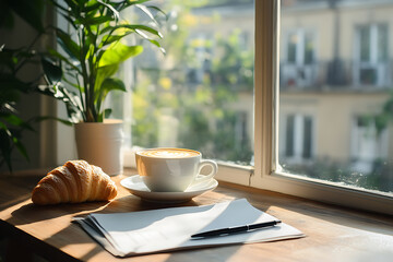 Morning coffee and croissant by the window
