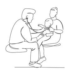 One continuous single drawing line art flat doodle care, woman, stethoscope, health, medical, child, patient, hospital, doctor. Isolated image hand draw contour on a white background
