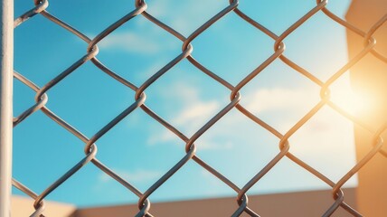 Fototapeta premium Security fence surrounding the perimeter of a prison yard, symbolizing the containment and control of inmates