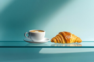 Coffee and croissant on glass shelf