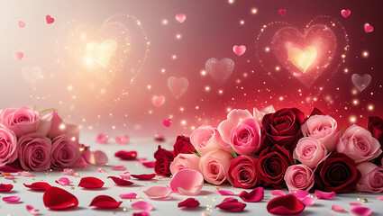 Valentine's Day Romance Background with Glowing Hearts and Red Roses