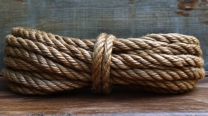 Fototapeta premium Thick, braided hemp rope tied in a skein with a fishing rope backdrop