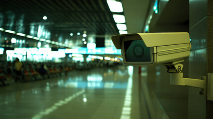 A security camera monitors a spacious, well-lit airport terminal, capturing the ambiance of travelers and the architectural design.