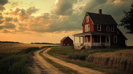 A picturesque panorama of a rural scene featuring a red farmhouse on the right,