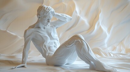 Naklejka premium White male figure sculpture sitting, draped fabric background.