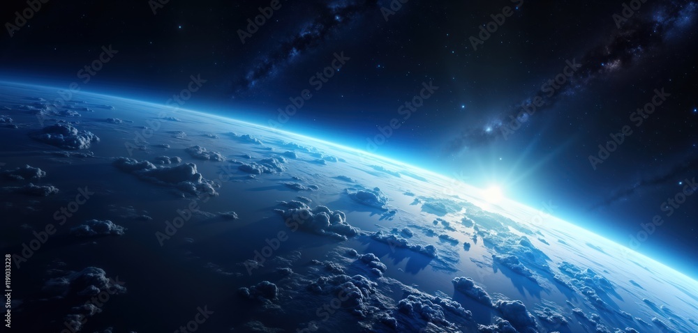 Poster view of earth from outer space. planet glows with sunrise. vast expanse of space, clouds. celestial 
