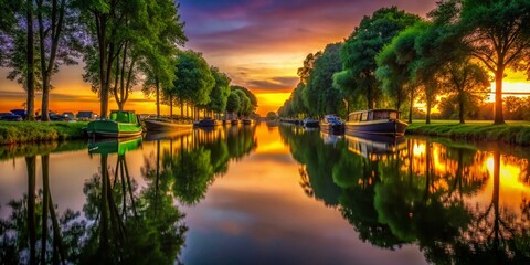 Silhouetted Trees Reflecting in Calm Canal Water with Moored Boats at Sunset - Stock Photo
