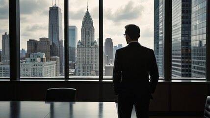 Medium shot of black businessman in suit walking towards male and female business partners and exchanging handshake in greeting before Panoramic windows on sunny day